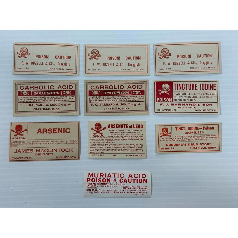 Lot 10 Antique Poison Skull & Crossbones Apothecary Medicine Label Seals Sticker